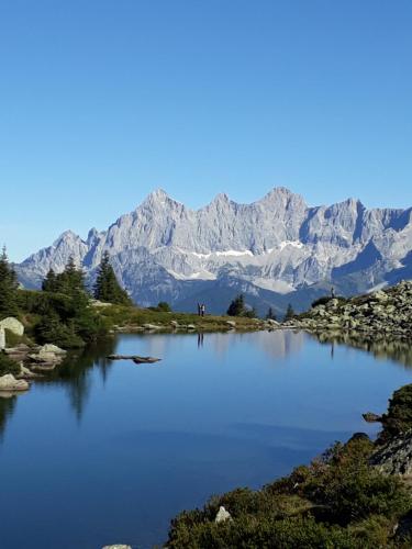 a view of a lake with mountains in the background at Pension Gondelstube in Schladming