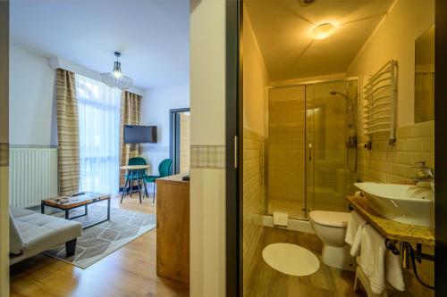 La salle de bains est pourvue d'un lavabo, de toilettes et d'une douche. dans l'établissement Sowia Dolina - Góry Sowie, à Pieszyce
