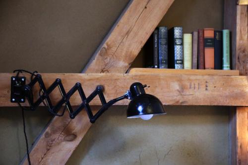 a black light on a wooden shelf with books at Thomashof Klein-Mutz in Zehdenick