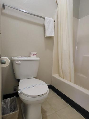 バーストーにあるStar Inn On Route 66, Barstowのトイレとシャワー付きの白いバスルーム