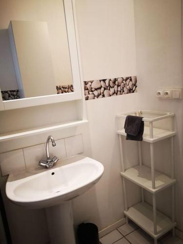 une salle de bain blanche avec un lavabo et un miroir dans l'établissement Gare Superbe T3 Clermont-Ferrand secteur gare - Albert Elisabeth, à Clermont-Ferrand