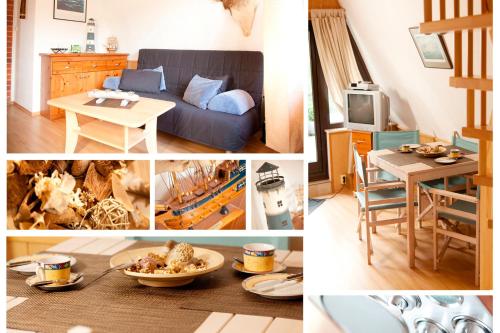 a collage of pictures of a living room and a kitchen at Ferienhaus am See - a55956 in Perlin