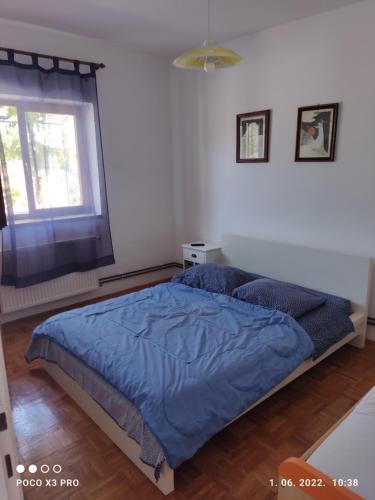 a bedroom with a blue bed and a window at Bruna's apartment in Vrulje