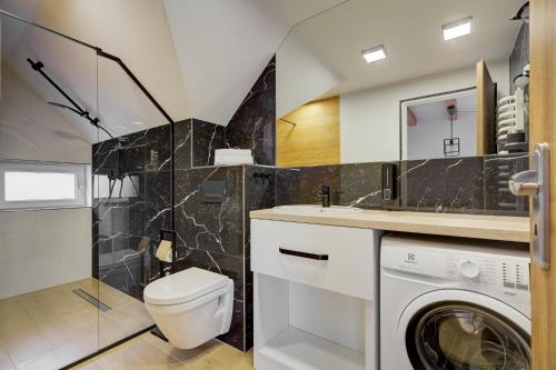 a bathroom with a toilet and a washer and dryer at Pokoje Gościnne Mena in Muszyna