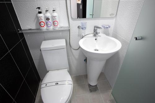 a small bathroom with a toilet and a sink at Ekonomy Hotel Myeongdong Premier in Seoul