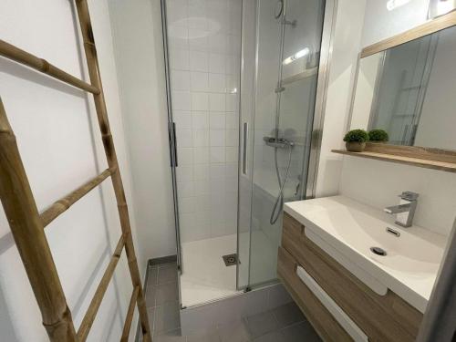 a bathroom with a shower and a sink at Deux pièces rénové avec terrasse, parking privé à Port Camargue - FR-1-250-173 in Saint-Mélany