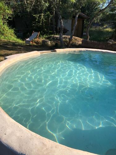 a swimming pool with blue water in a yard at Las Casas del Palomar I & II in Ortigosa del Monte