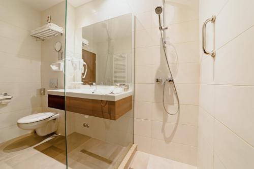 a bathroom with a shower and a toilet and a sink at Radsor Hotel in Râşnov