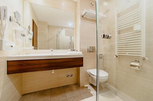a bathroom with a sink and a toilet and a shower at Radsor Hotel in Râşnov