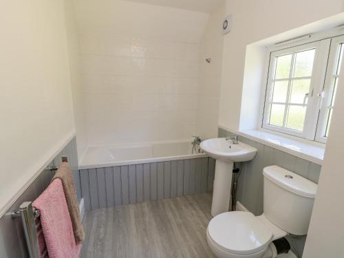 a bathroom with a toilet and a sink and a tub at Ladylands Cottage in Newport