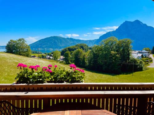 Nachdemsee的住宿－KAINZLEITENHOF，阳台以粉红色的鲜花和山脉为背景