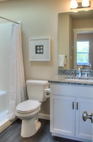 a bathroom with a white toilet and a sink at Sea Turtle Cottage in Ocean Shores