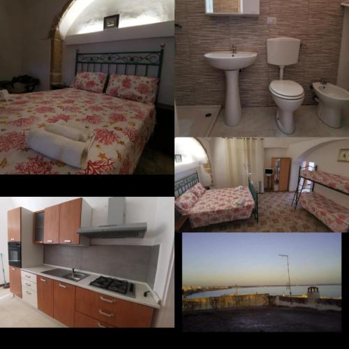 a collage of photos of a bedroom with a bed and a sink at La Fontana in Gallipoli