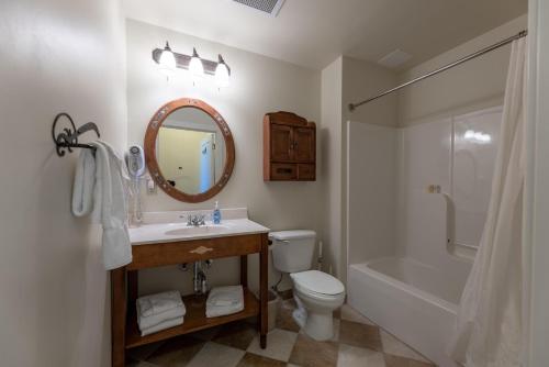 a bathroom with a sink and a toilet and a mirror at Seneca Unit 102 in Snowshoe