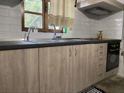a kitchen with a sink and a microwave at Villa Umami in Makri