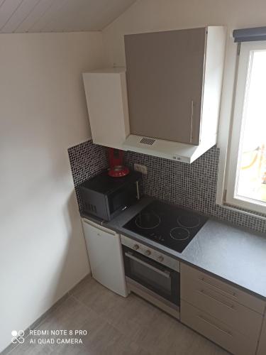 une petite cuisine avec une cuisinière et un micro-ondes dans l'établissement Maisonnette indépendante 4 personnes jardin terrasse, à Vrigne-aux-Bois