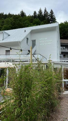a white building with a lot of plants in front of it at DAS SCHÖNE LEBEN Pop-Up Hotel in Hornberg