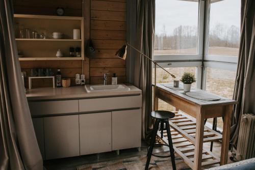 a kitchen with a sink and a table next to a window at Vienkiemio oazė - Skandinaviškas namelis su vaizdu į tvenkinį in Galvokai