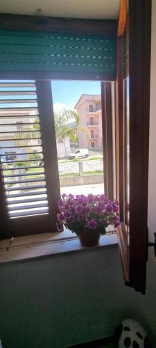 a vase of purple flowers sitting on a window sill at Mar Do Sol in Agnone