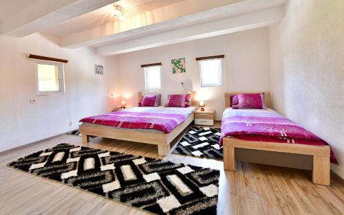 a bedroom with two beds and a rug at House Luna in Rakovica