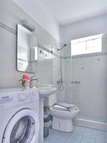 a bathroom with a washing machine and a toilet at Ifestos home with private veranda, Paros in Logaras