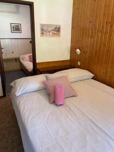 - une chambre avec 2 lits et un oreiller rose dans l'établissement Apartma Anton, à Kranjska Gora
