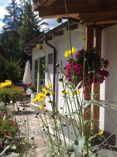 a garden with flowers in front of a house at Garni Pineta in San Martino in Badia