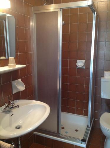 a bathroom with a sink and a shower at Garni Pineta in San Martino in Badia