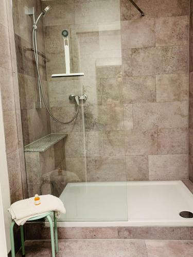 a bathroom with a shower with a white tub at Hotel-Restaurant Buger Hof in Bamberg