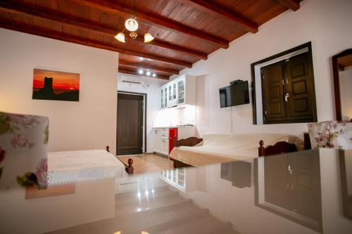 a bedroom with two beds and a tv in a room at Traditional Apartments Plagiaki in Neon Oitilon