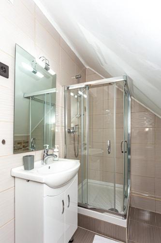 a bathroom with a sink and a shower at Cseppkő Panzió in Abaliget