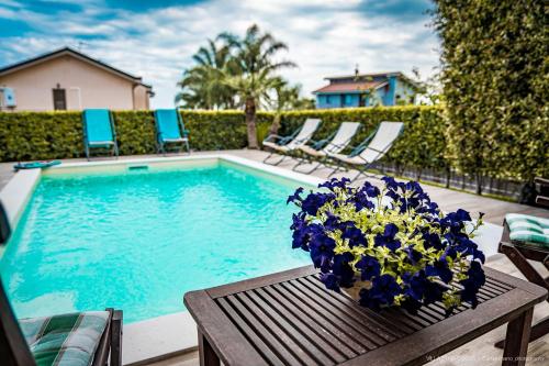 basen z krzesłami i stół z niebieskimi kwiatami w obiekcie Casa vacanze ETNA COCUS w mieście Santa Venerina