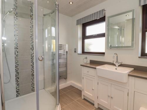 a bathroom with a shower and a sink at Rhos Deiniol in Porthmadog