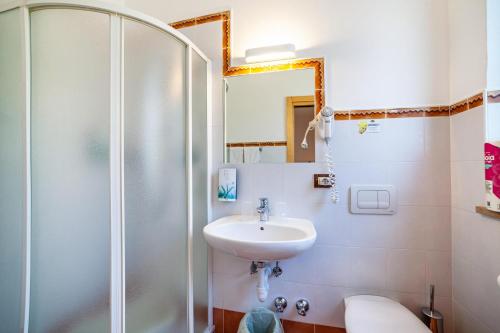 a bathroom with a sink and a shower at Gartenheim App Franz in Schenna