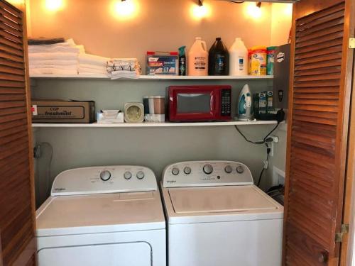 eine Waschküche mit zwei Waschgelegenheiten und einer Mikrowelle in der Unterkunft Newly Renovated Cozy Place Minutes From The Lake in Winchester