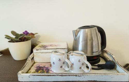 a tea kettle and two mugs on a tray at Pension Fialka in Český Krumlov
