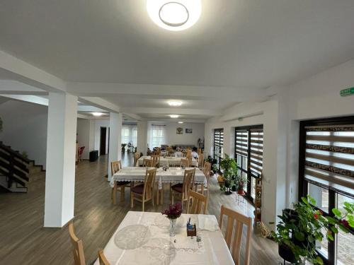 a dining room with tables and chairs in a building at PENSIUNEA CAMELIA in Baia