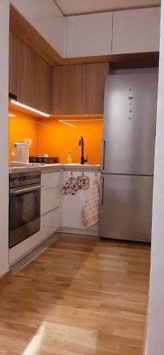 a kitchen with stainless steel appliances and wooden cabinets at Sarajevo Bulevar in Sarajevo