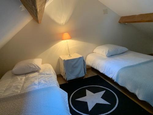 een kamer met 2 bedden en een tafel met een lamp bij Charmante annexe au cœur d'un joli parc arboré in Moncé-en-Belin