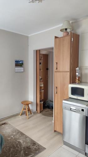 a kitchen with a stove and a refrigerator at Apartament Karłowicza in Gdańsk