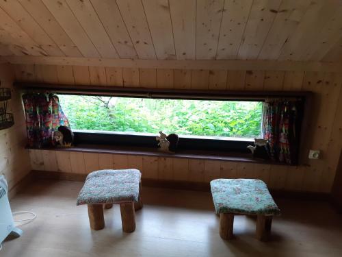 ein kleines Zimmer mit zwei Bänken und einem Fenster in der Unterkunft Cabane d'Augustin in Saint-Augustin