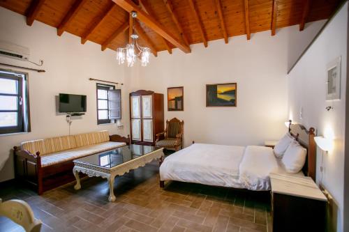 a bedroom with a bed and a couch and a tv at Traditional Apartments Plagiaki in Neon Oitilon