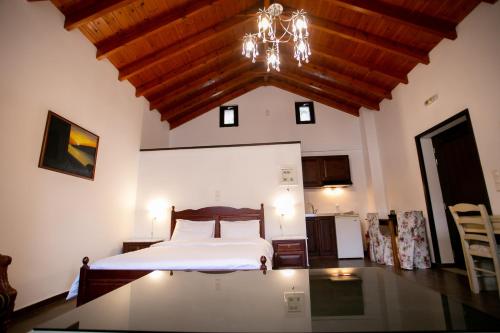 a bedroom with a bed and a chandelier at Traditional Apartments Plagiaki in Neon Oitilon