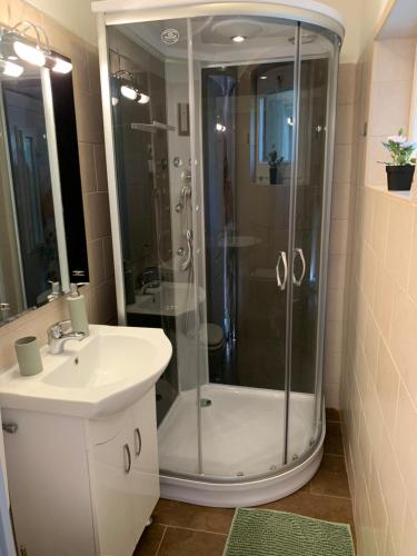 uma casa de banho com um chuveiro e um lavatório branco em Balatonic apartman em Zamárdi