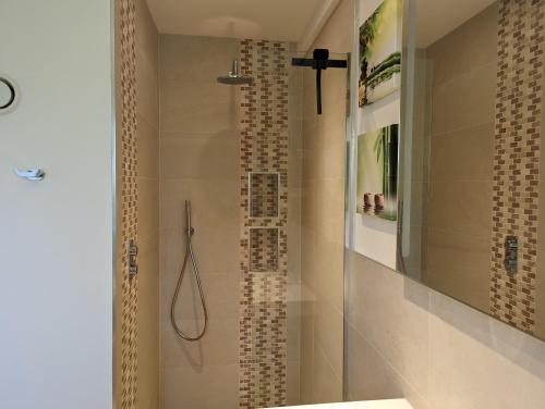 a bathroom with a shower with a glass door at Unique, Spacious, Self-Built Eco Home with huge garden and movie room in Andover
