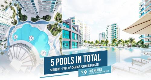 a rendering of pools in total at the resort at Terra Apartments in Caesar Blue Resort, Lunch till 4pm, Gym, Heated pool, Sauna, Kids club in Rizokarpaso