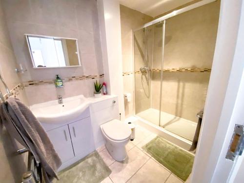 uma casa de banho com um lavatório e um chuveiro. em Lovely 3 bed apartment in the City of London em Londres