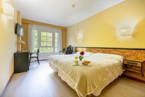 a hotel room with a bed with a tray of fruit on it at Hotel Castro in Santiago de Compostela