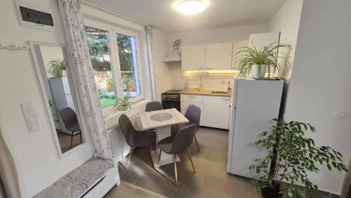 艾蓋爾紹洛克的住宿－Életvirág Rezidencia és Vendéglak，厨房配有桌椅和冰箱。
