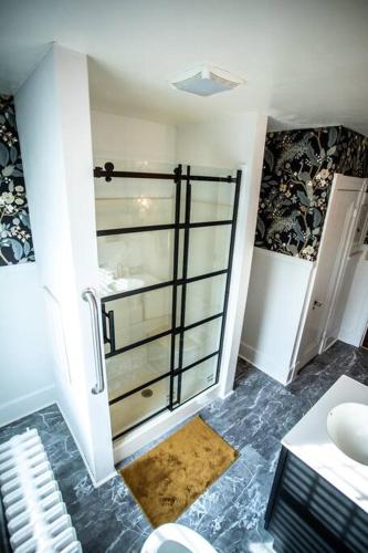 a bathroom with a shower and a sink at Charming 1932 Craftsman - The Bohannon House in Luray